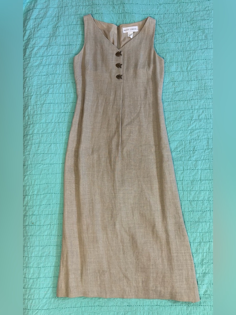 Maggy London Beige 100% Linen Long Dress Button Front Zip Back Size 6